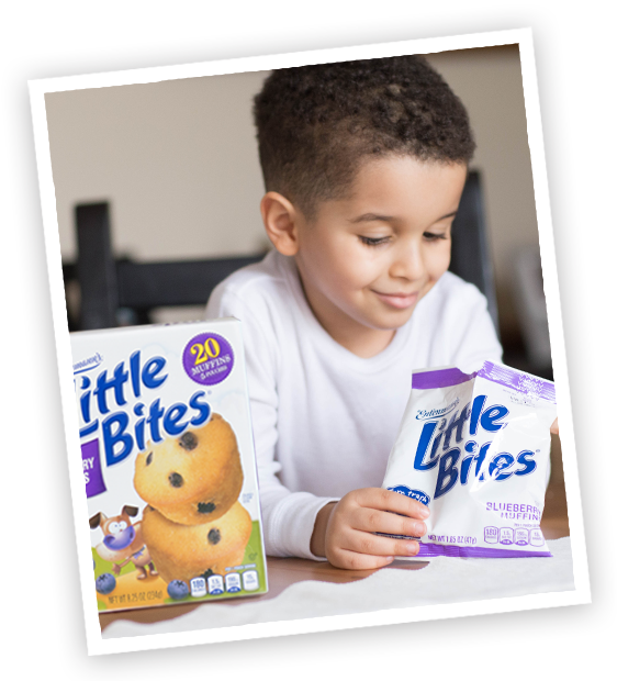 Child with Little Bites Blueberry muffins pouch and package