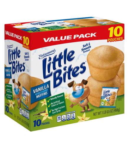 A 10-count box of Little Bites Vanilla Muffins that also features a cartoon dog and vanilla flowers on it.