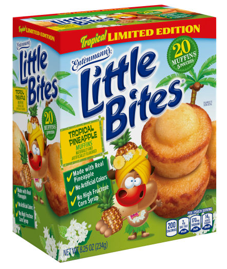 A 20-count box of Little Bites Tropical Pineapple Muffins that also features a cartoon dog, pineapples and palm trees on it.