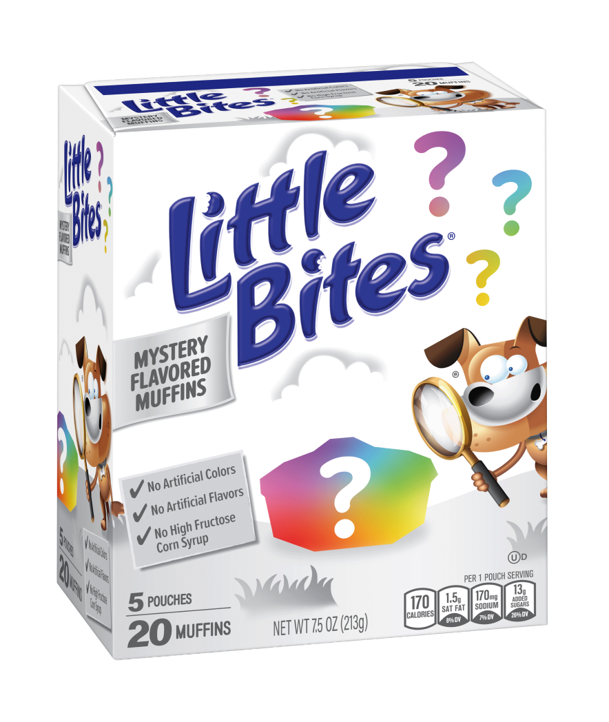 A 5-count box of Little Bites Mystery Mini Muffins that also features rainbow question marks and a dog on it.