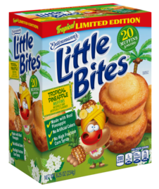A 20-count box of Little Bites Tropical Pineapple Muffins that also features a cartoon dog, pineapples and palm trees on it.