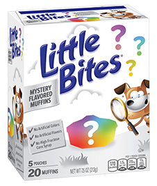 A 5-count box of Little Bites Mystery Mini Muffins that also features rainbow question marks and a dog on it.